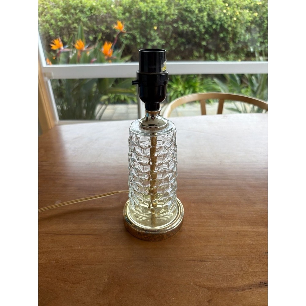 Vintage Mid-Century Modern Hexagon Pattern Clear Glass Table Lamp with Brass Bas